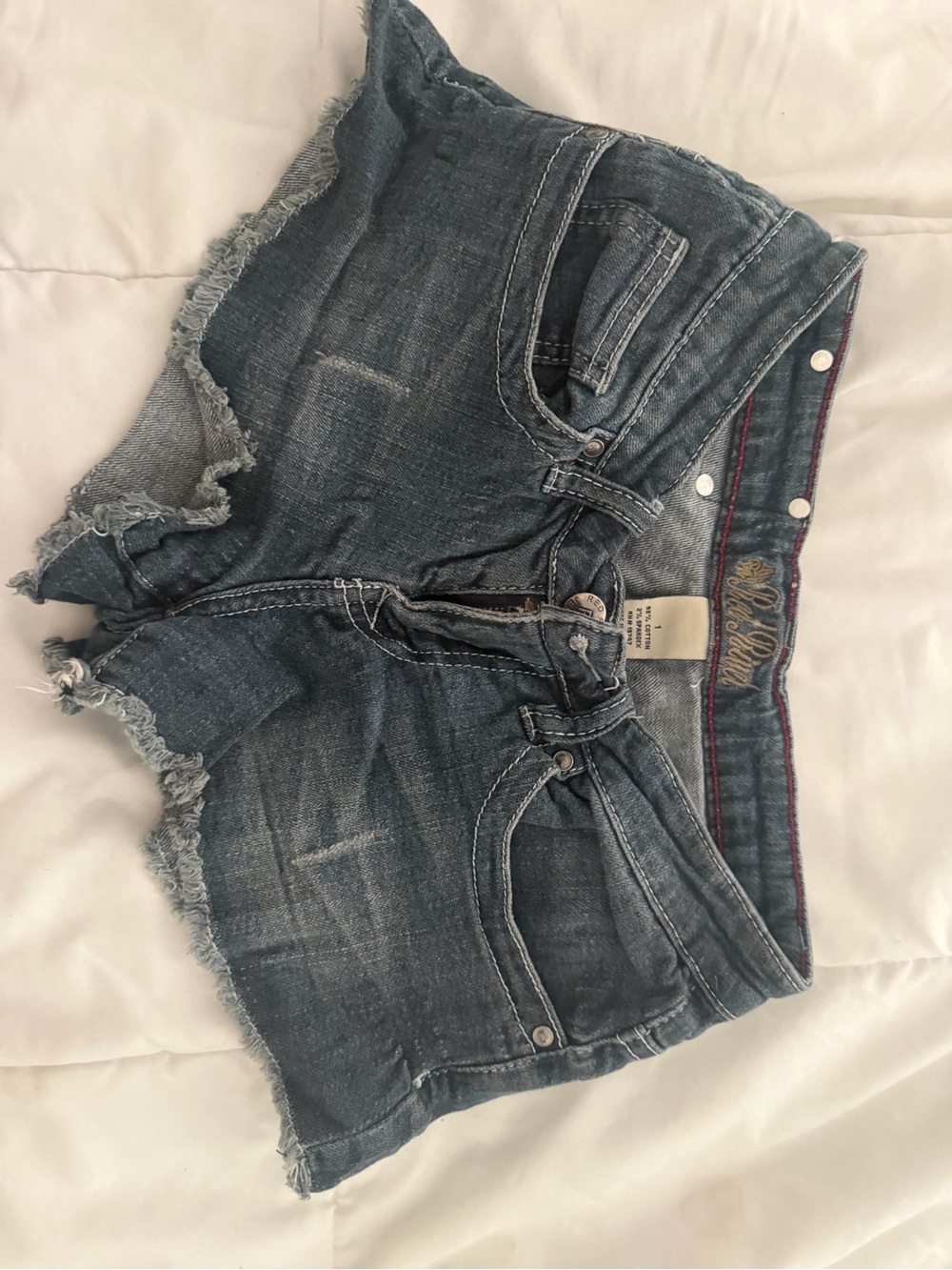 Red Rivet Distressed Denim Shorts - Blue